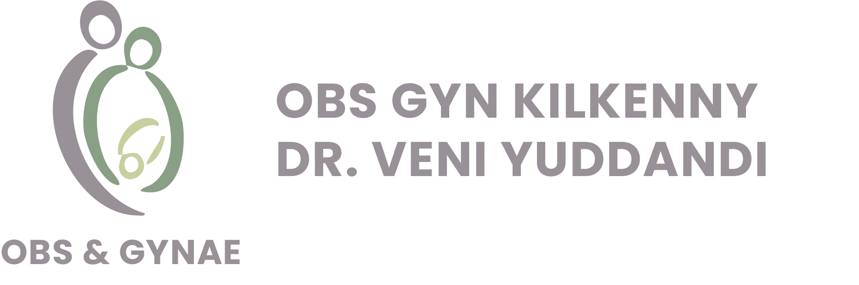 LOGO for OBS GYN KIlkenny - Dr.Veni. Symbol of 3 figures depicting 2 adults and a baby, in a green, lime, and taupe colour.
